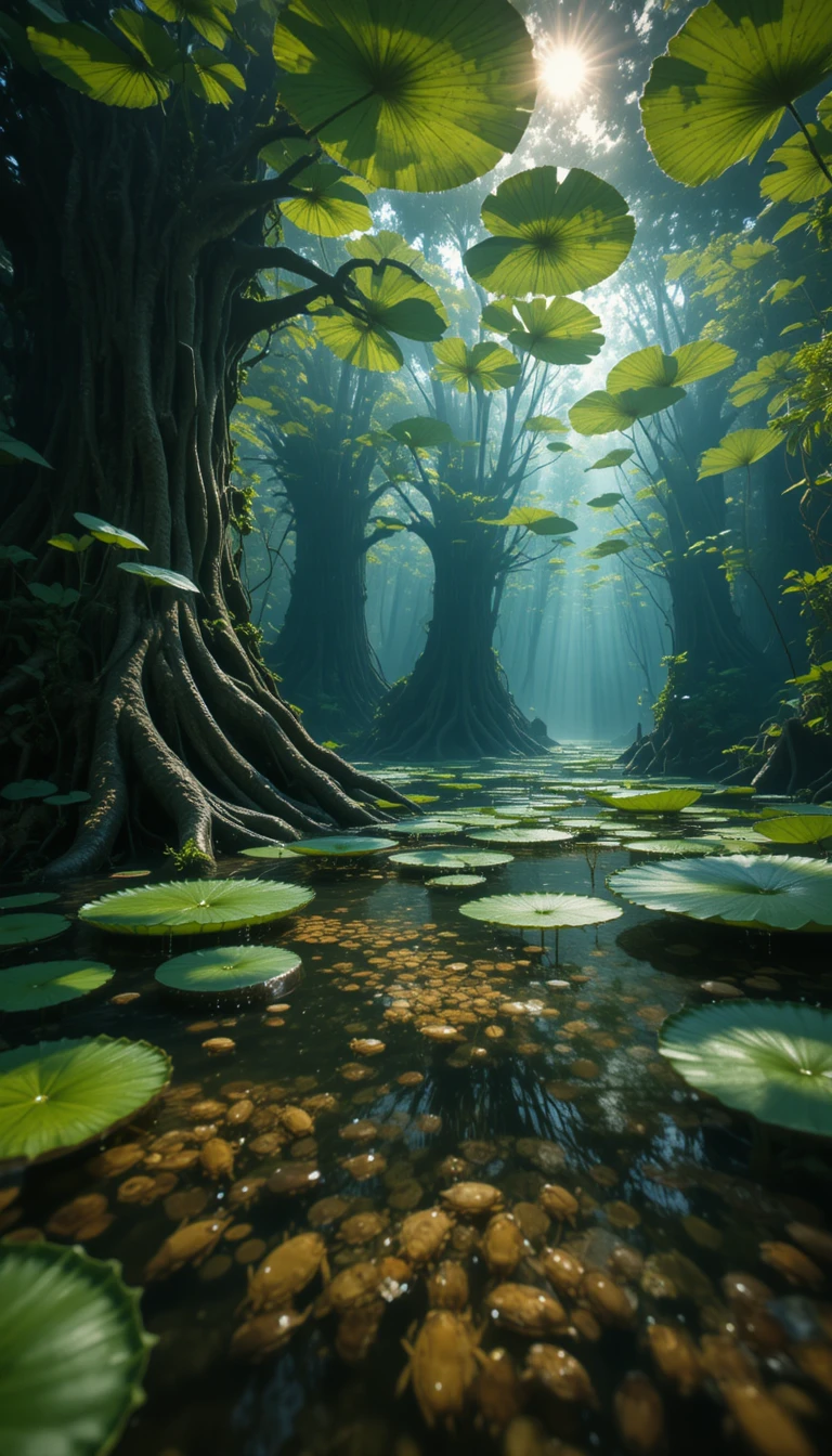 Underwater view of lily roots and tadpoles in pond light