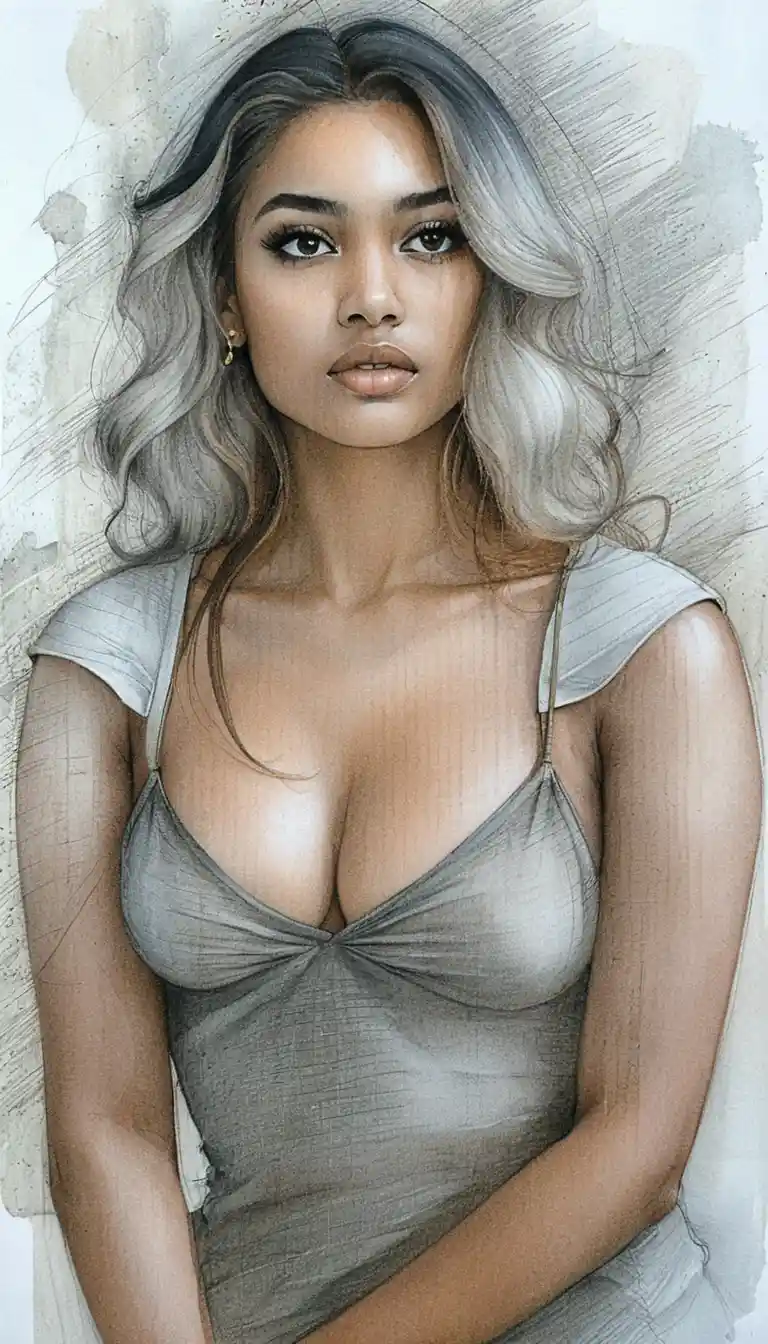Graphite portrait of a young woman with wavy shoulder length hair