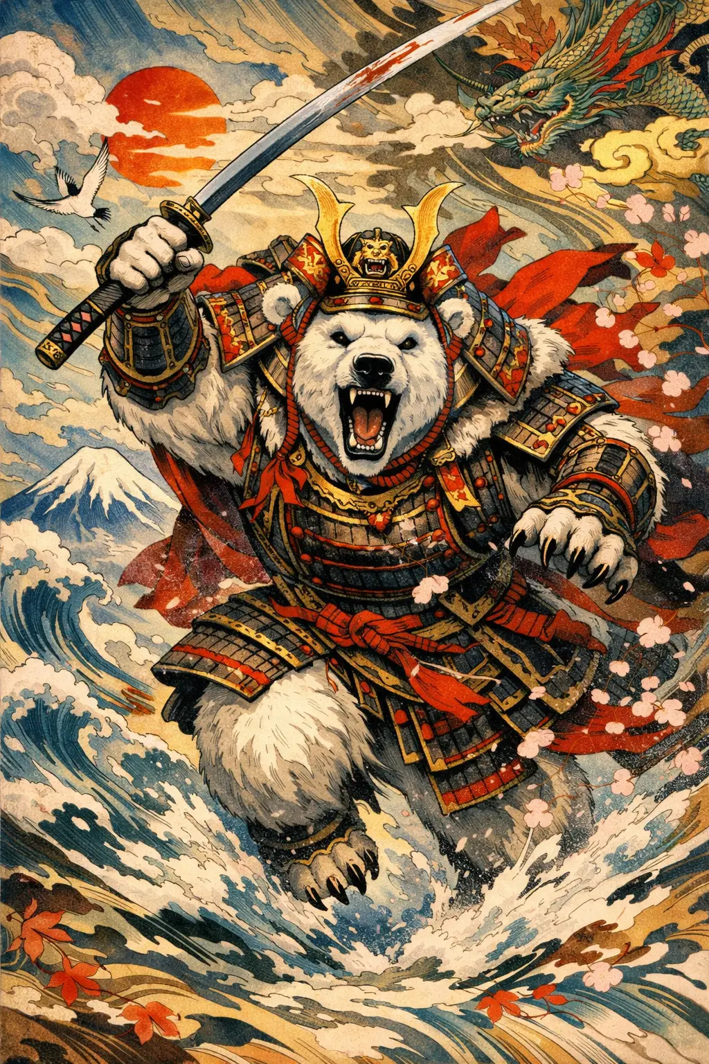 Armored polar bear warrior in dynamic japanese fantasy scene