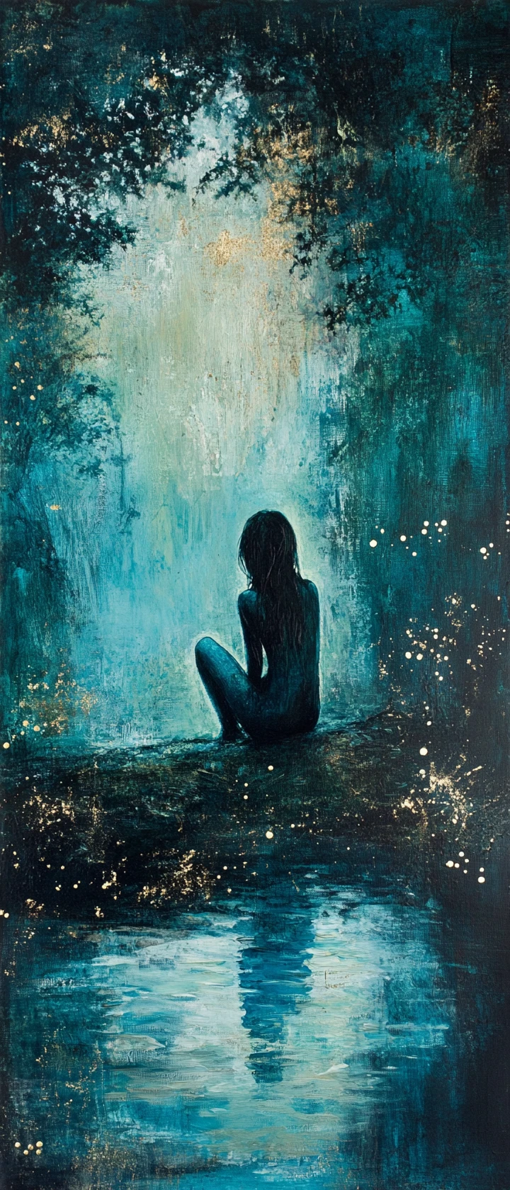 Pensive girl by a glowing river in oil painting