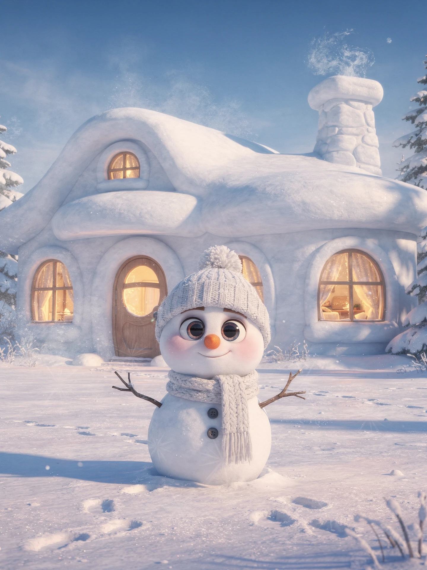 Cute snowman outside a cozy snow house in sunlight