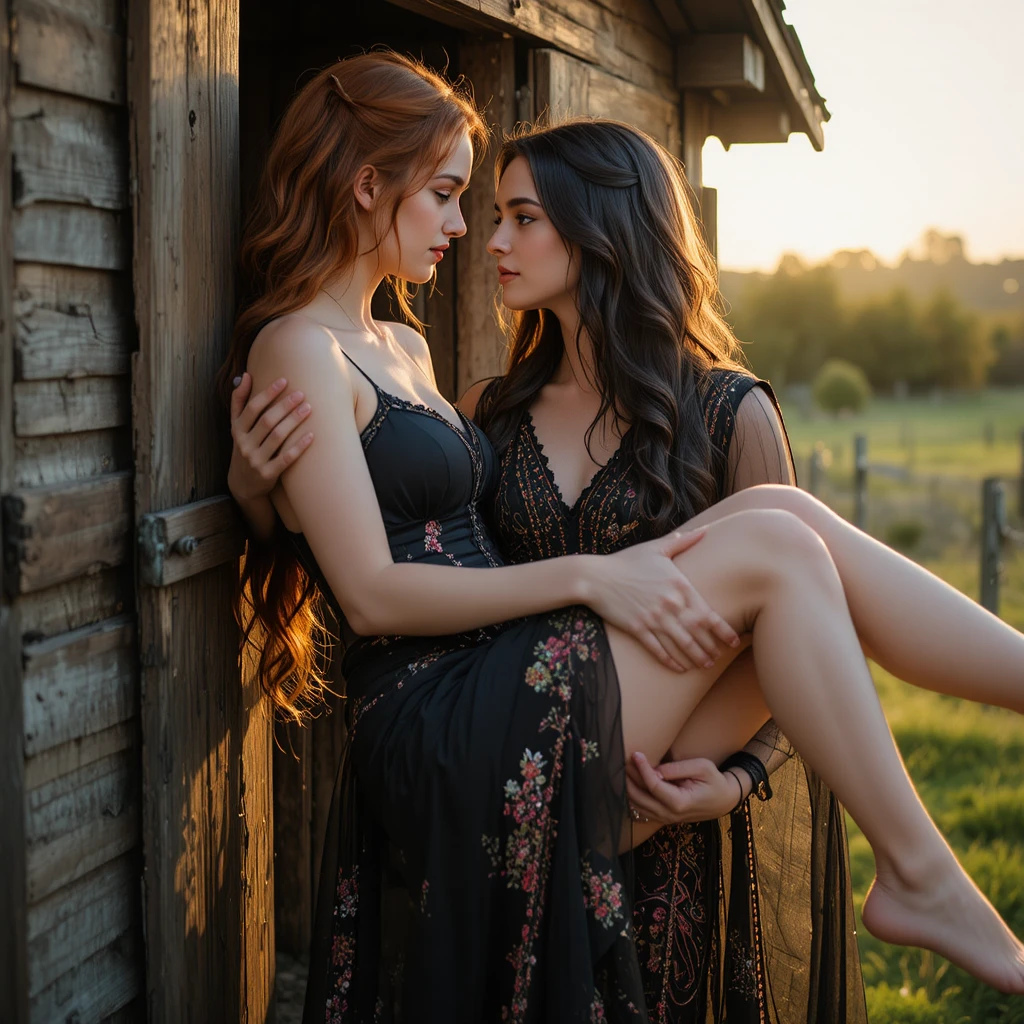 Dos mujeres en pose íntima bajo la cálida luz del atardecer