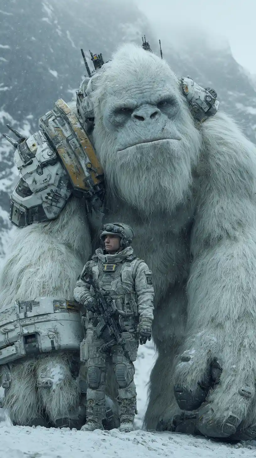 Cyber armored white yeti beside soldier in snowy mountains