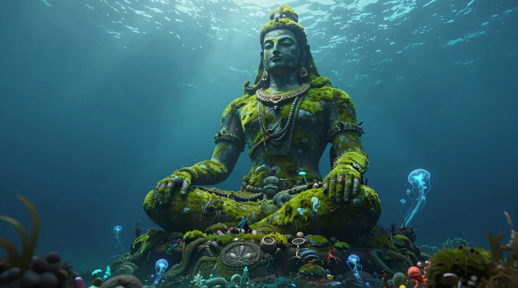 Statue d’une divinité antique dans un océan extraterrestre luminescent