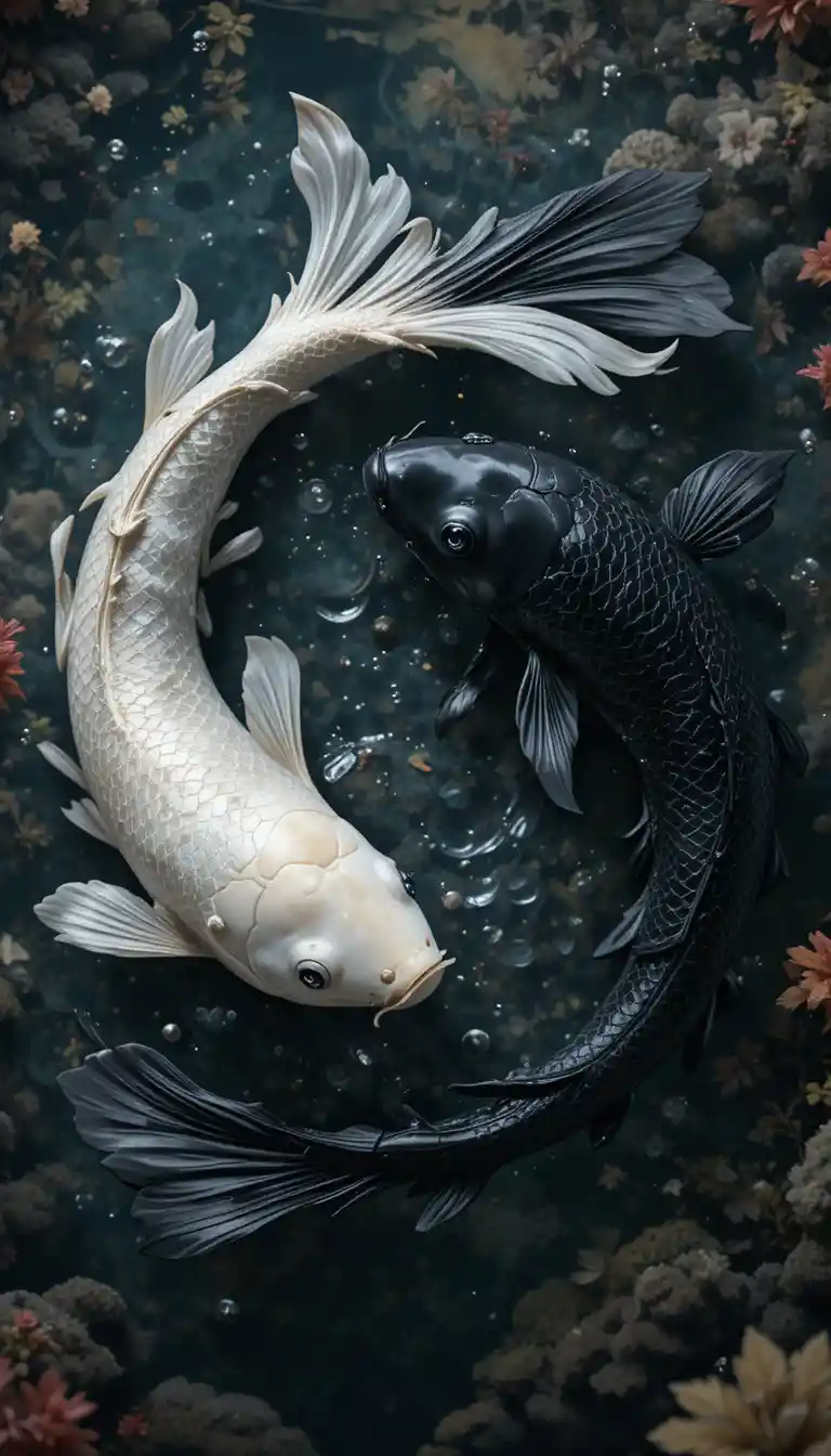 Dos koi girando en un círculo yin y yang en una escena submarina