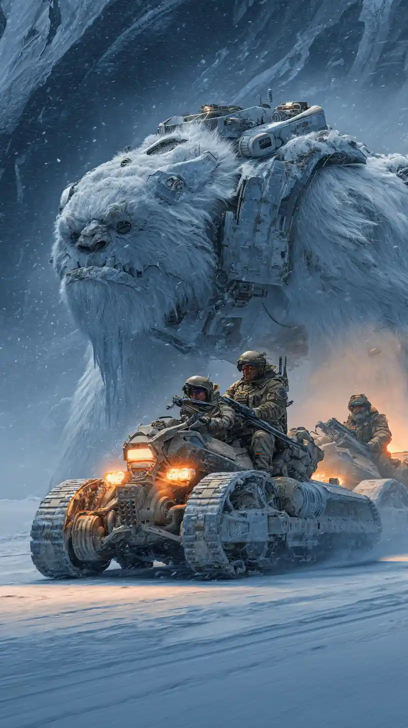 Cyber armored white yeti on a frozen mountain battlefield