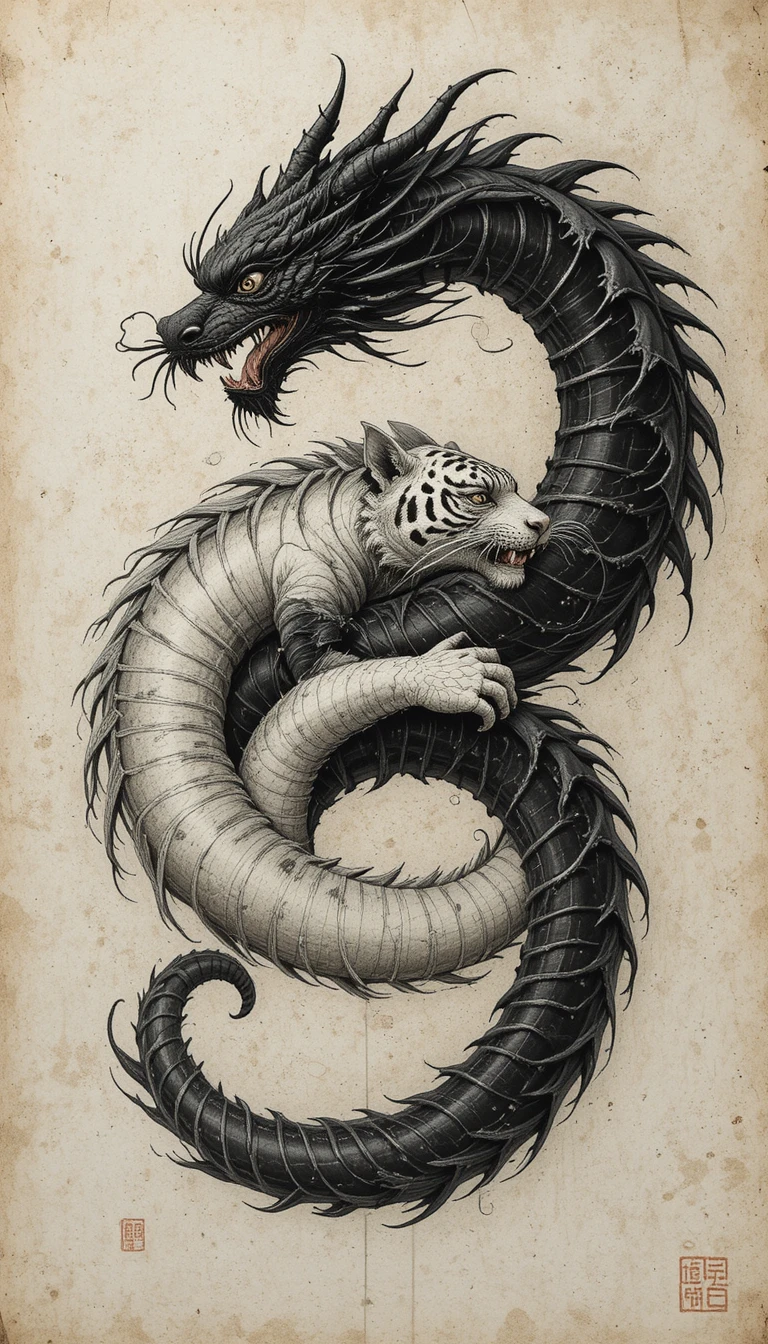 Dragon et tigre entrelacés formant un cercle yin-yang