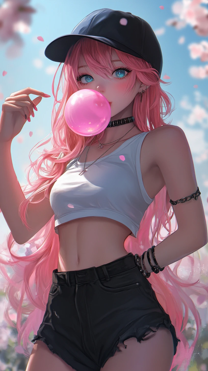 Ragazza anime dai capelli rosa che fa una bolla di gomma in primavera