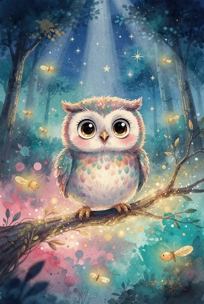 Cute baby owl on glowing branch in magical forest