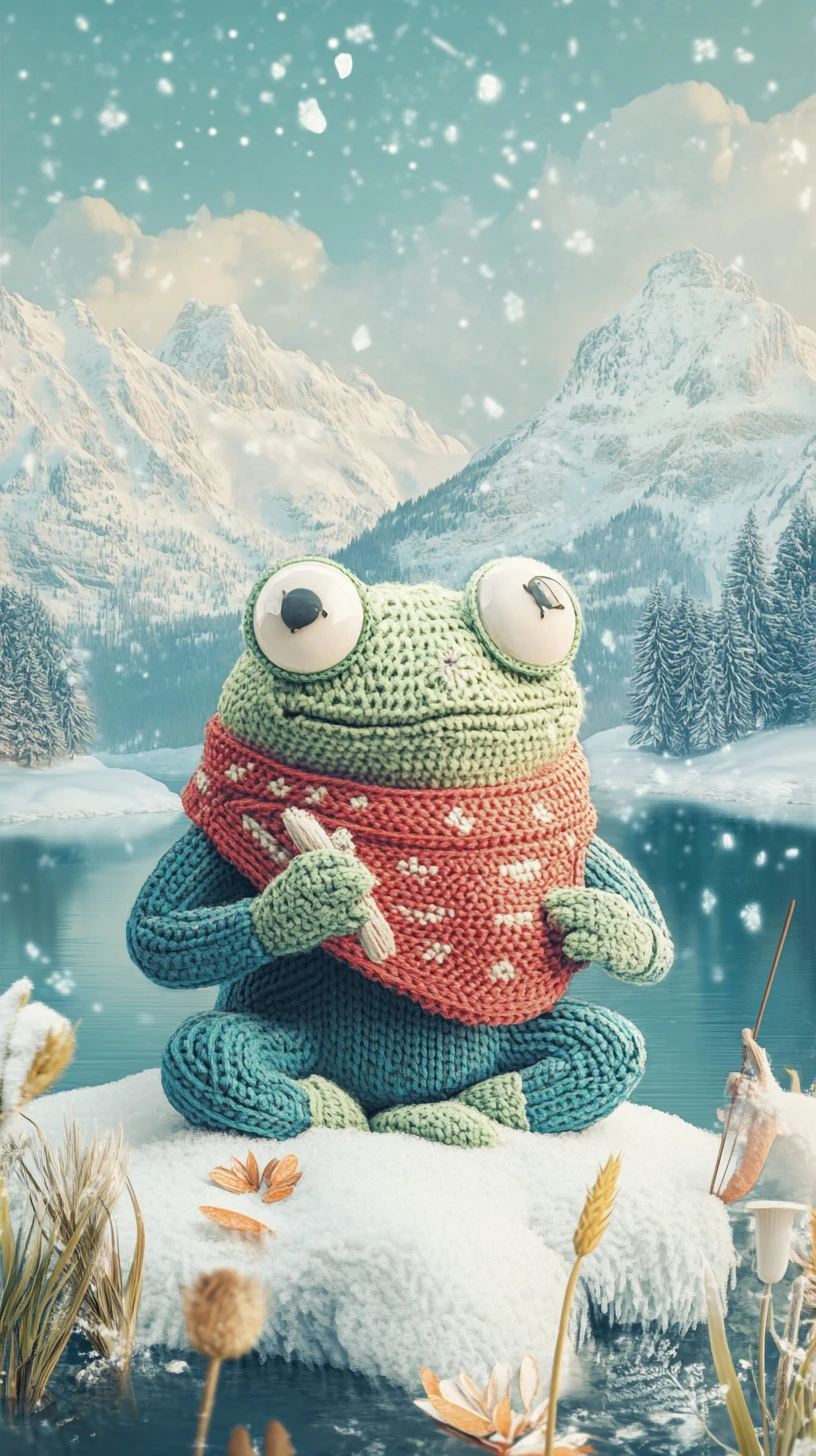 Cute knitted frog illustration by a lake with mountains