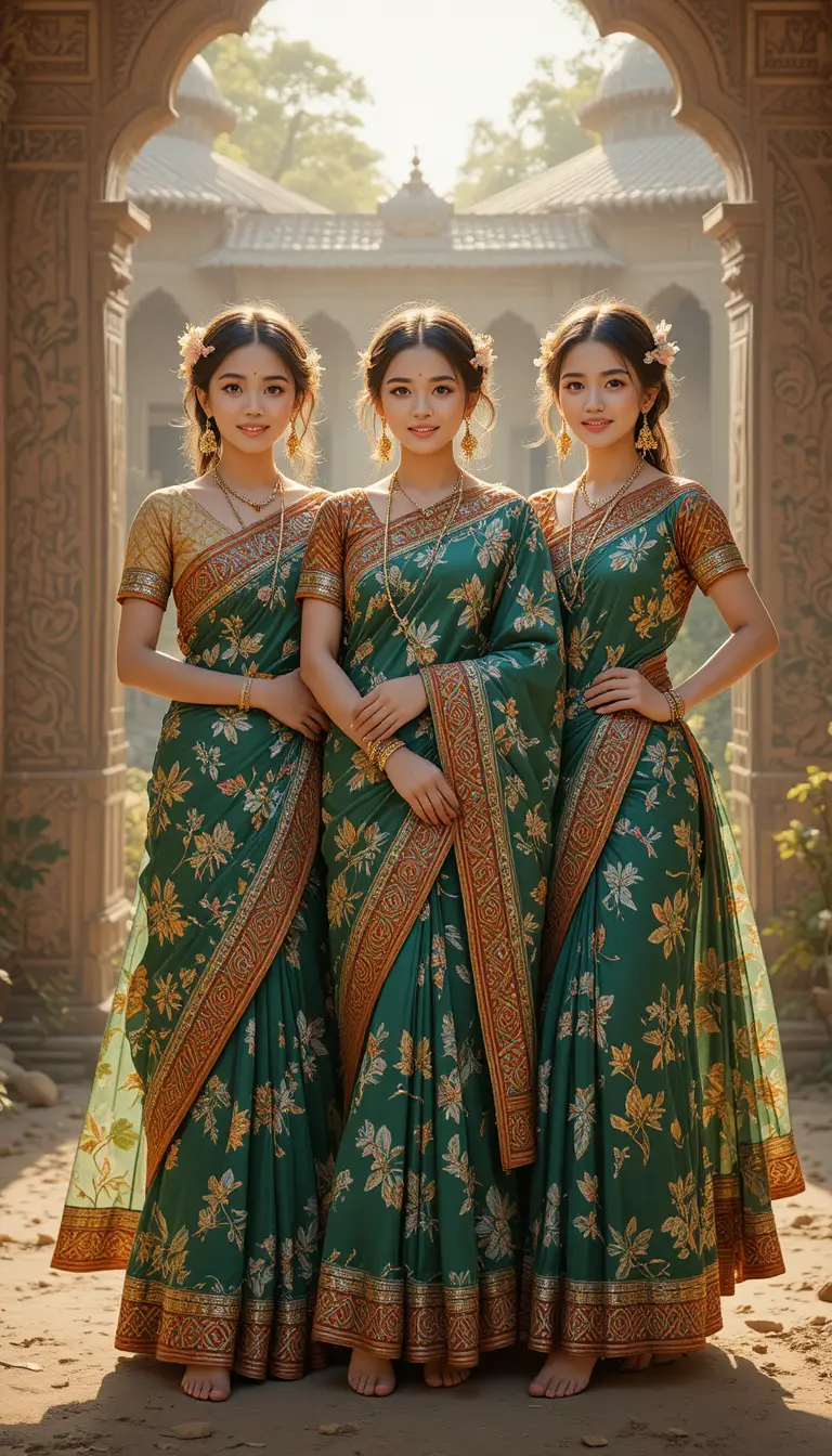 Three Santhal girls in traditional sarees at Sohrai festival