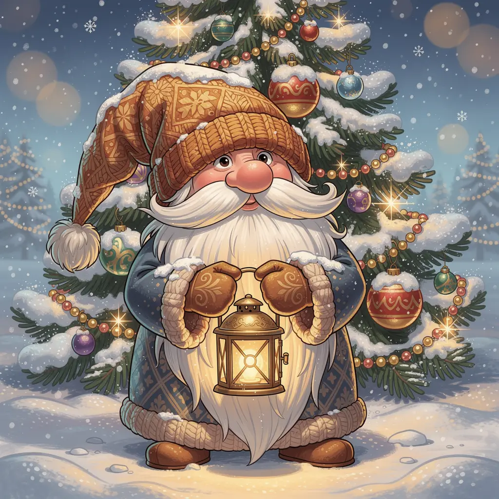 Colorful winter gnome illustration with festive christmas tree