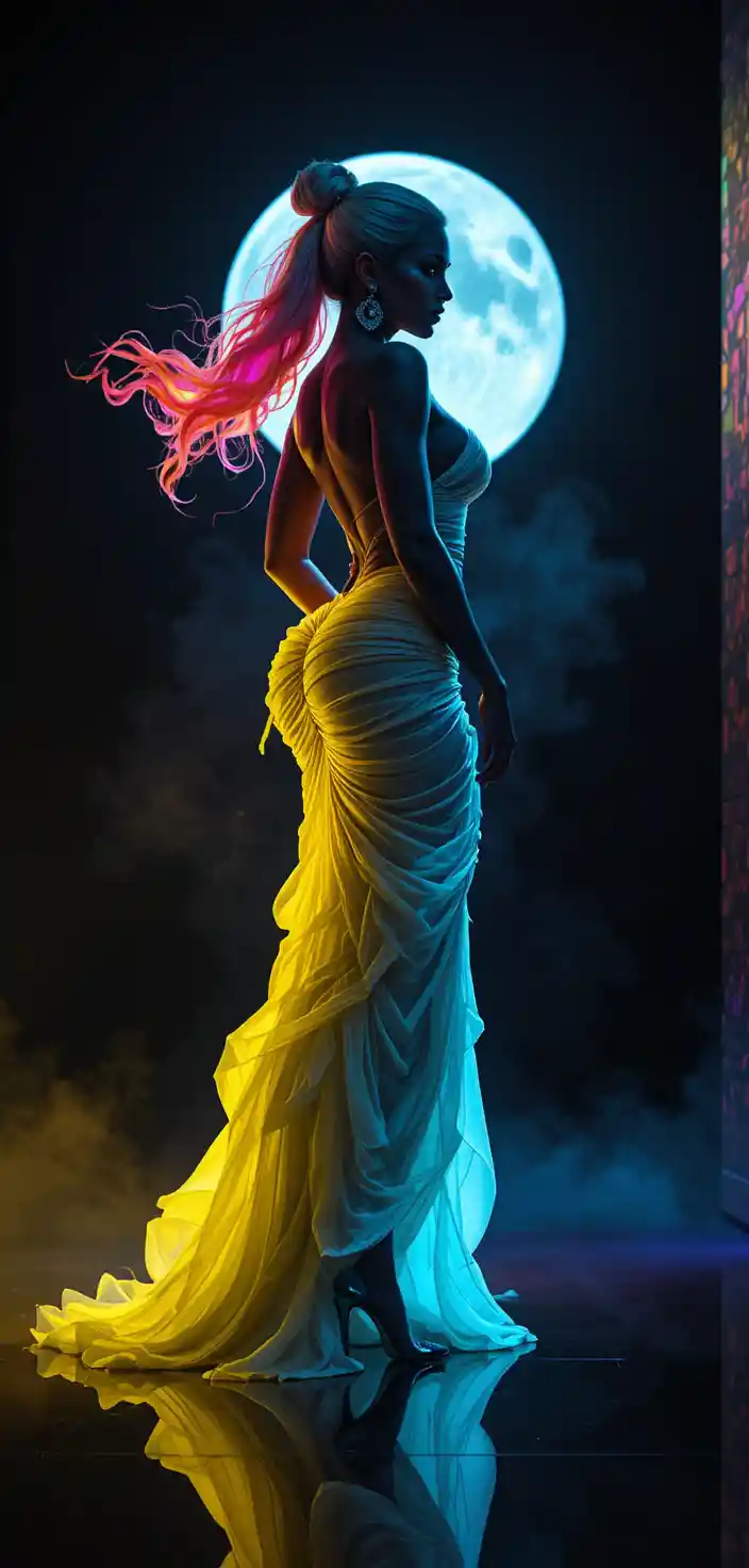 Muscular fashion woman in sculptural neon bridal inspired gown