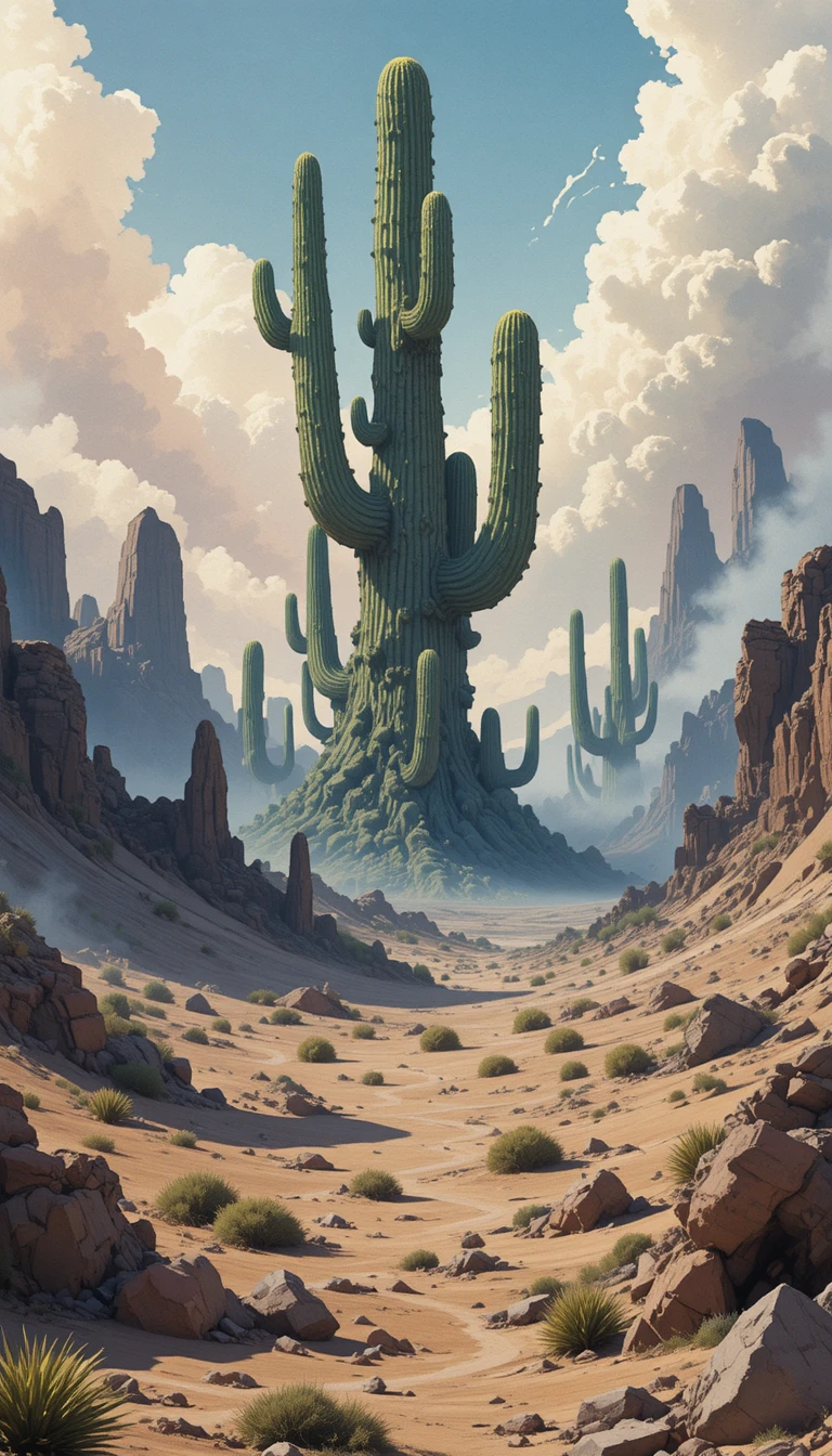 高聳扭曲仙人掌的超現實沙漠景觀