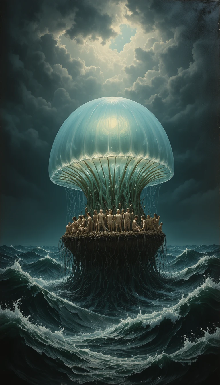 Stormy Seascape With Survivors Clinging To Giant Jellyfish