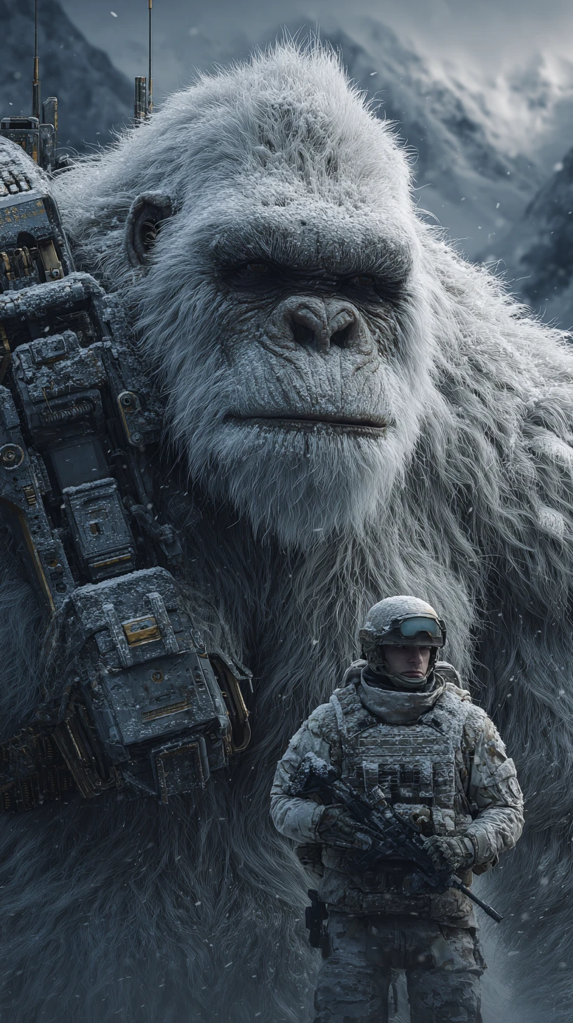 Cyber armored yeti close up beside winter soldier