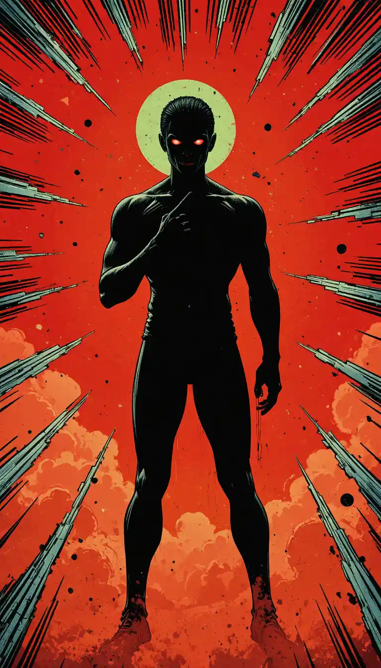 Tense comic style male figure in glowing abstract shadows