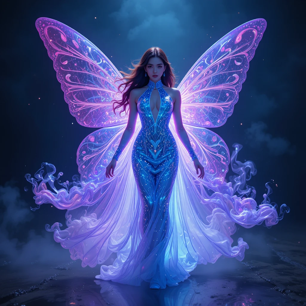 Ethereal goddess walking through a glowing void in darkness