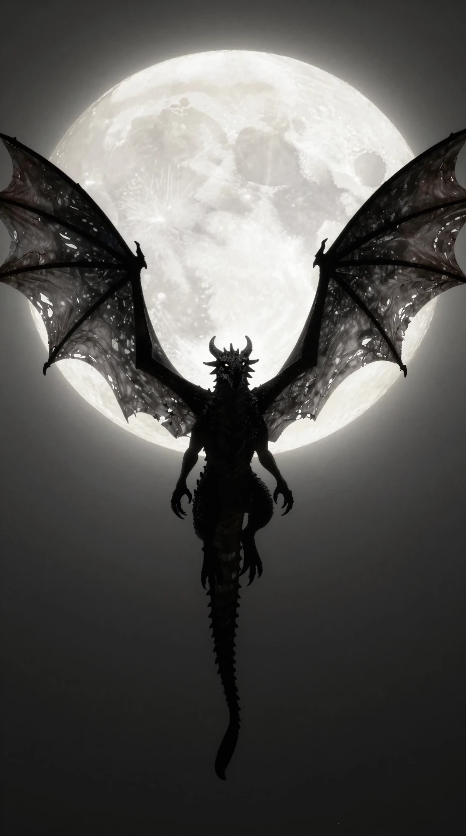 Gigantic dragon flying before a luminous full moon