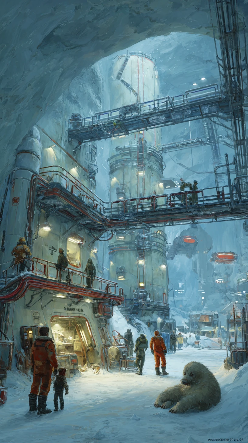 Futuristic glacier city interior with child and cybernetic ape