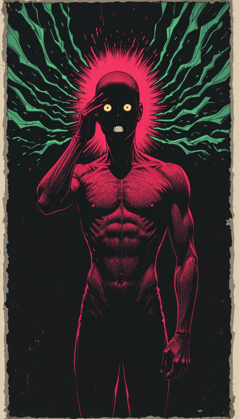 Stylized anxious male figure in tense underground comic scene