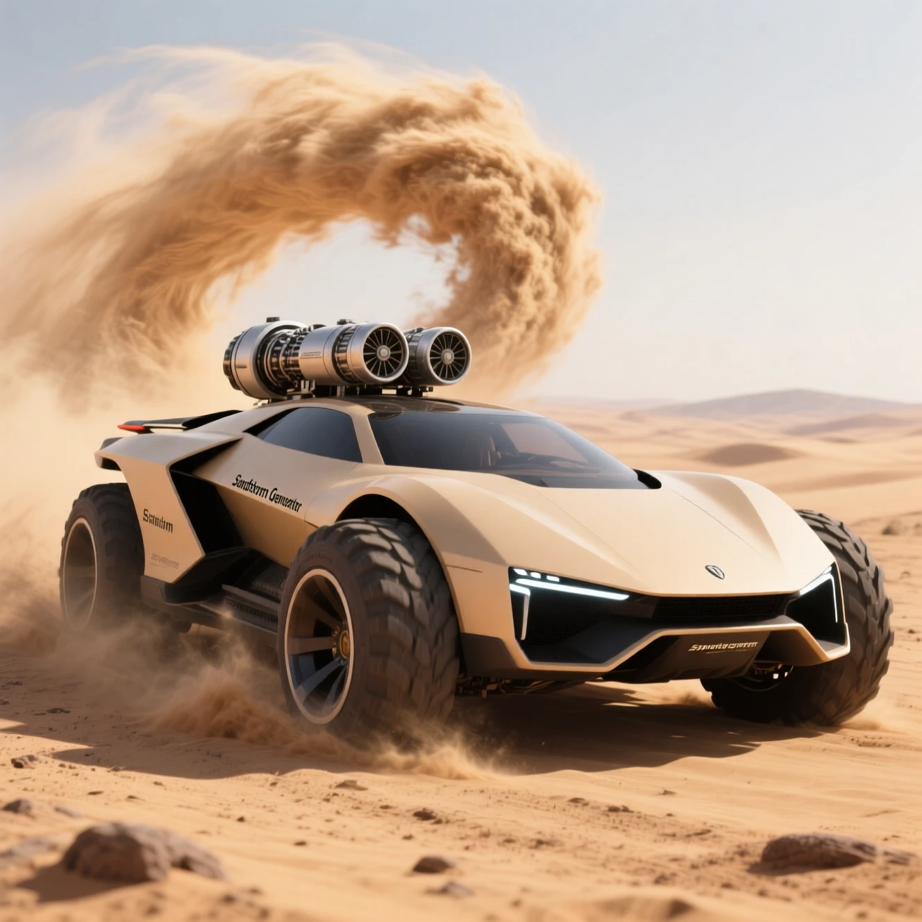 Futuristic hypercar racing through a high tech desert storm