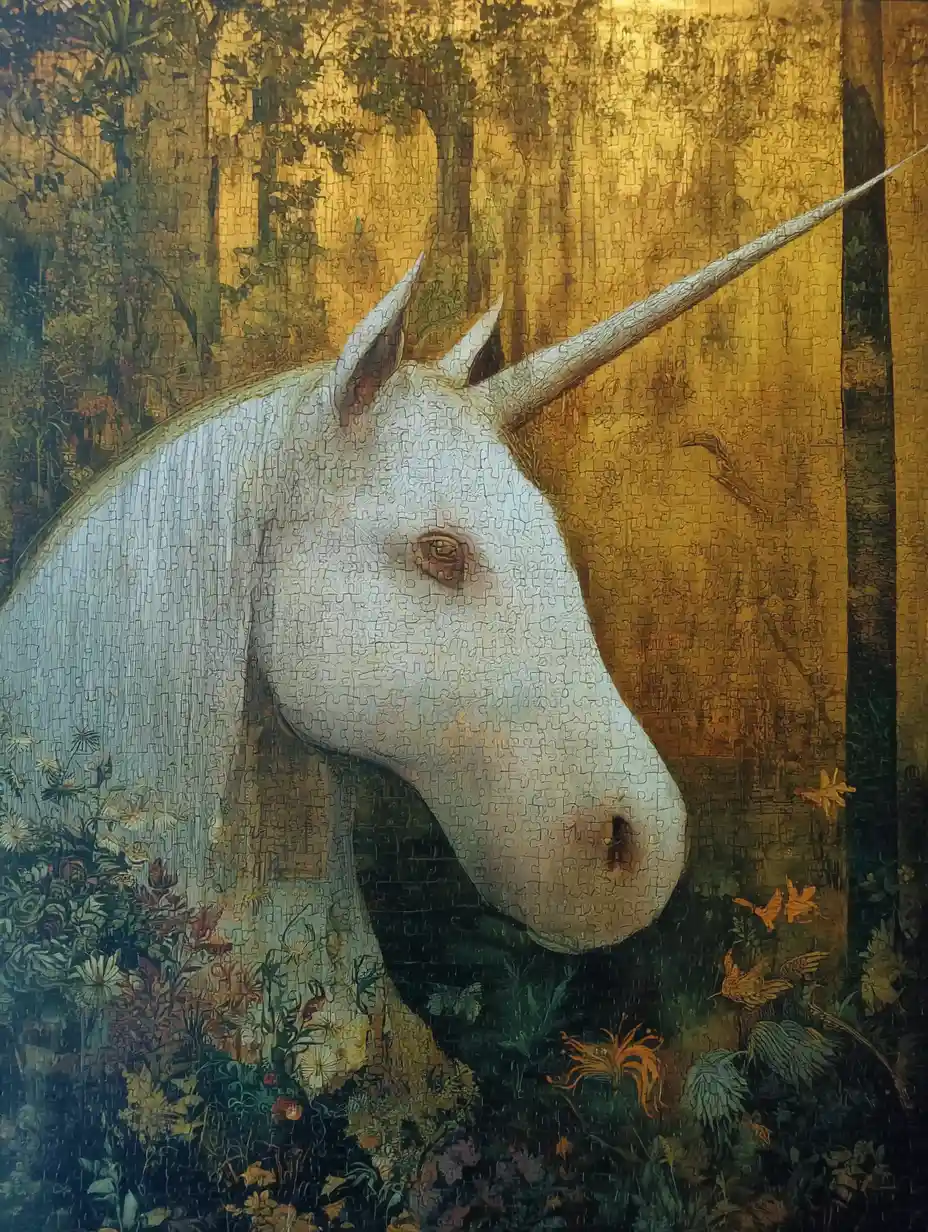 Unicórnio surreal ronronando em um sonho de fantasia sombria