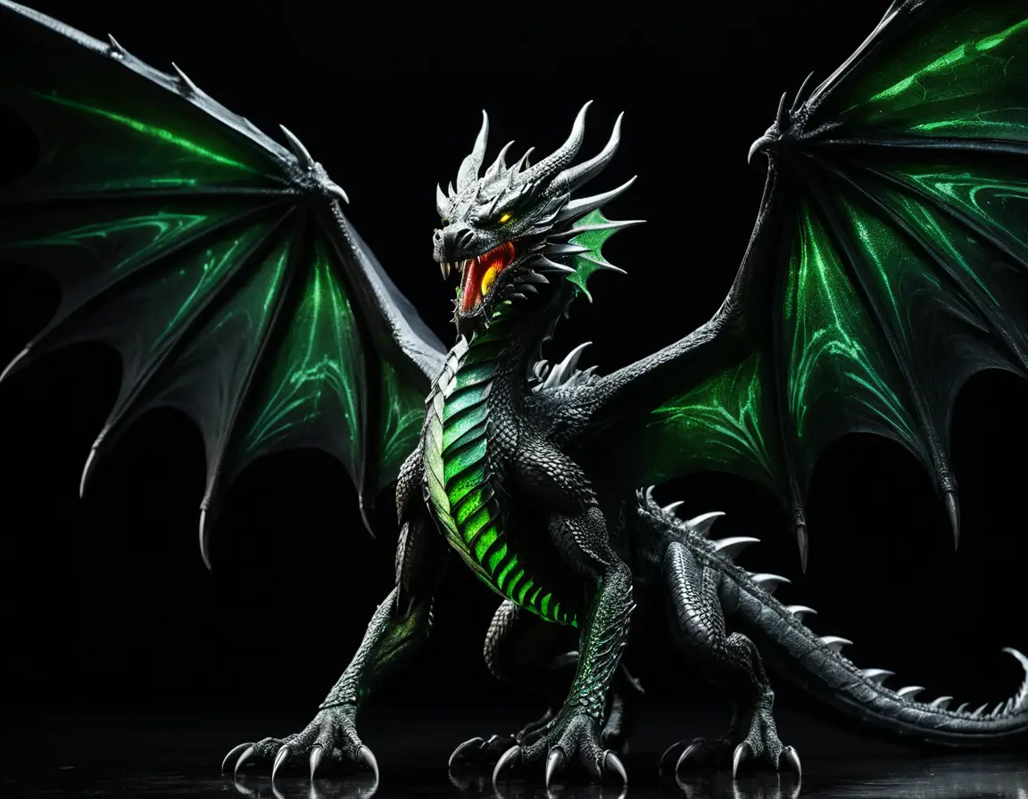 Metallic dragon with glowing green markings in smoky darkness