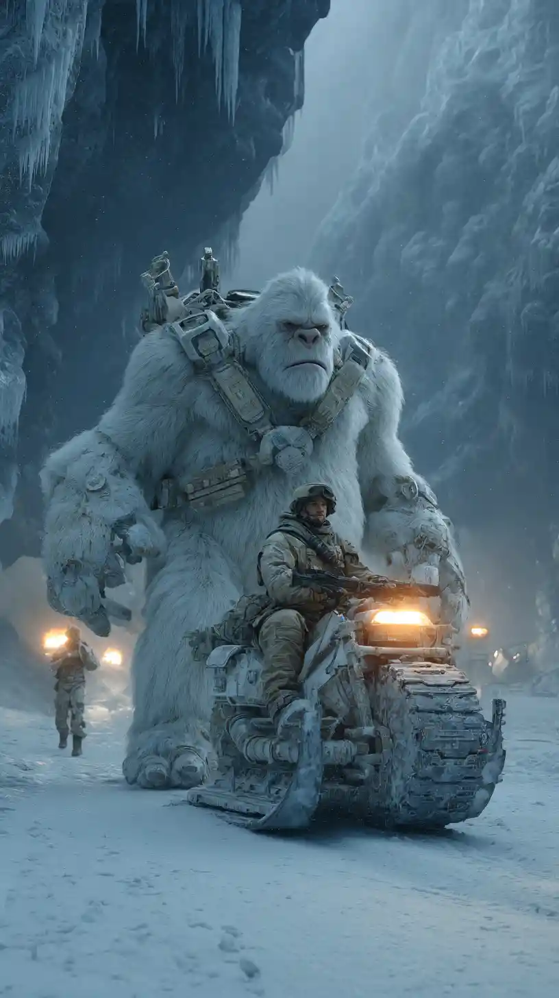 Cyber armored white yeti in a dark snowy mountain war