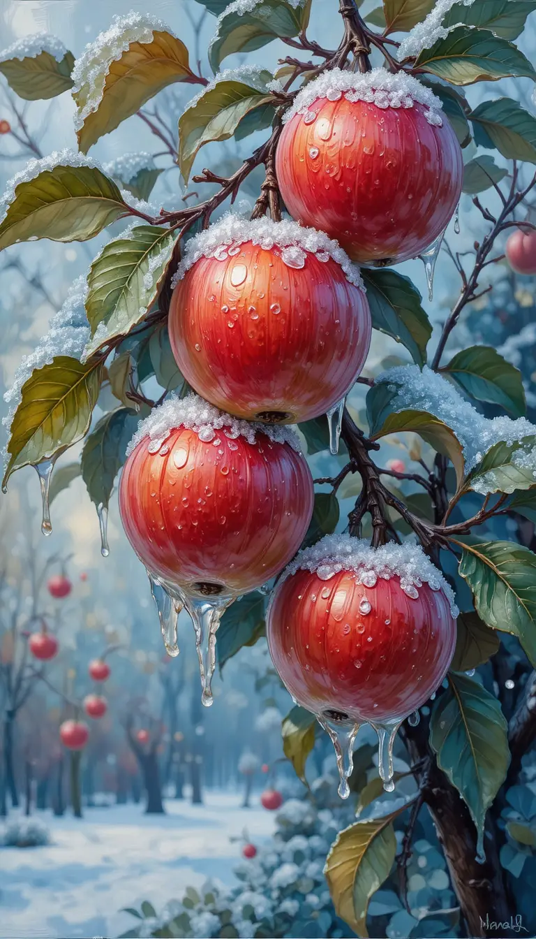 Close Up Of Icy Winter Apples On A December Tree
