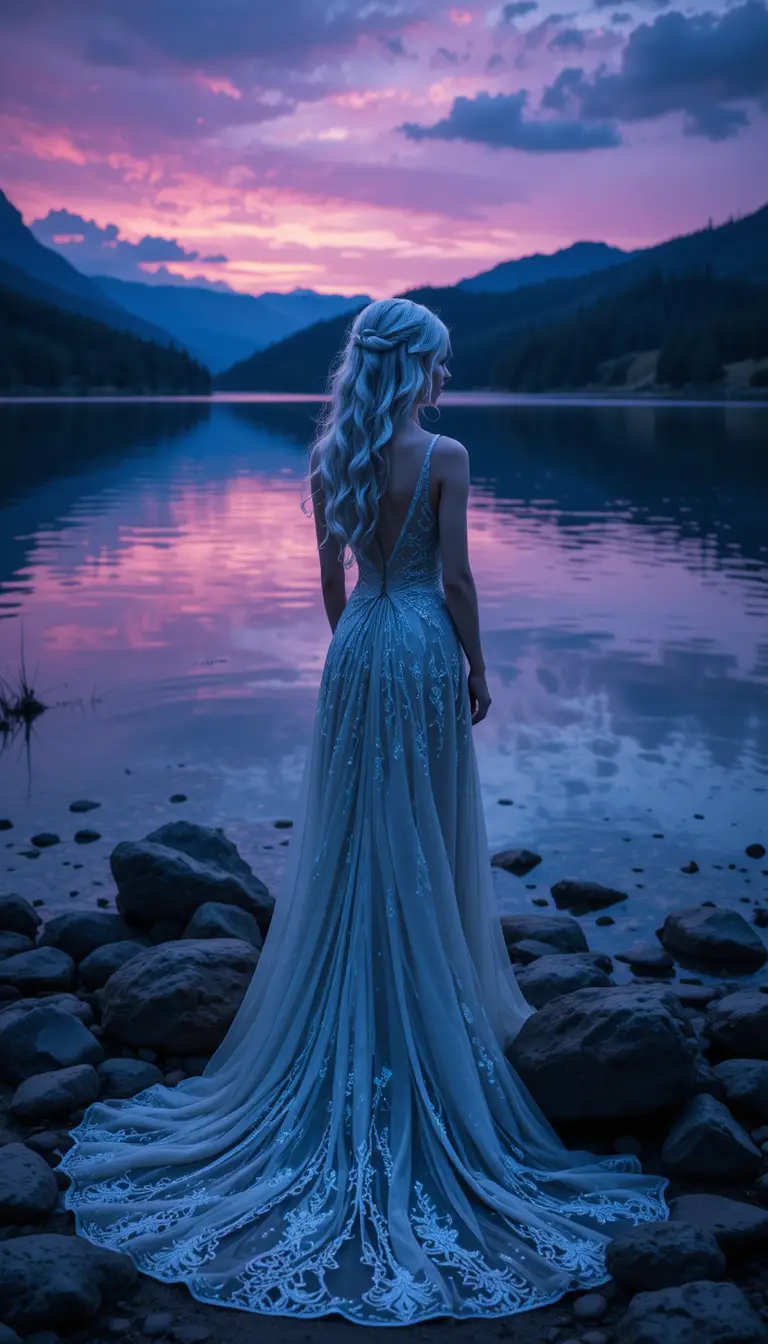 Young woman at twilight by a calm mountain lake