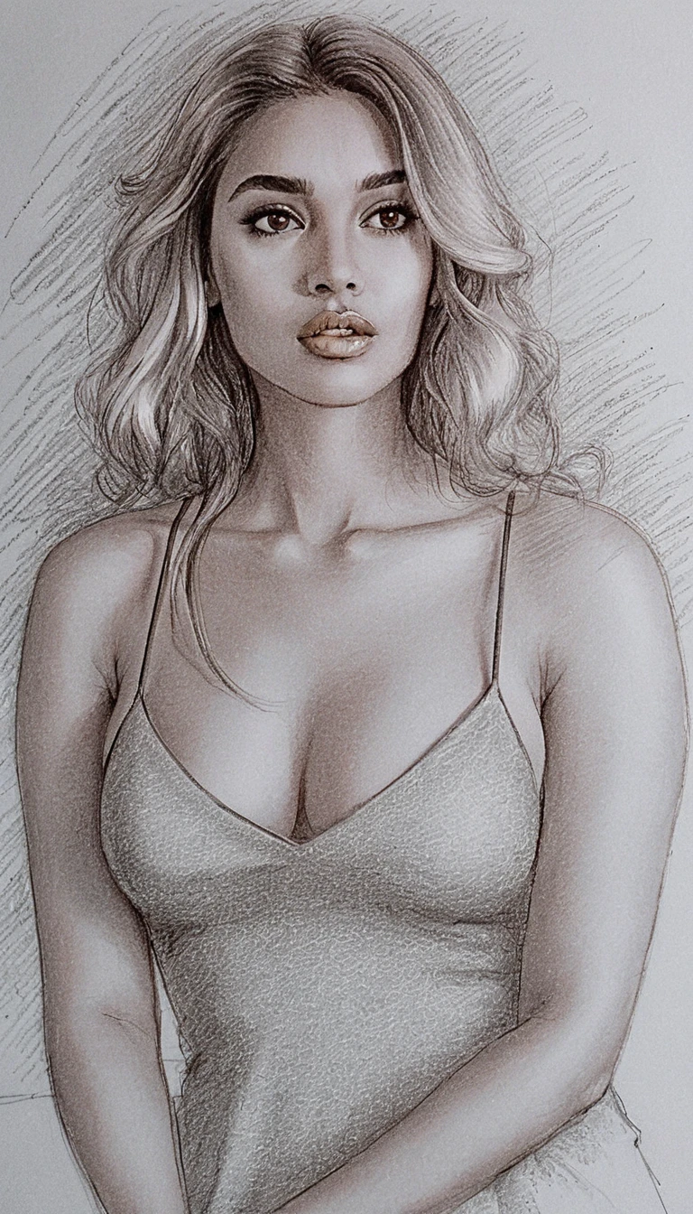 Portrait au graphite d'une jeune femme aux cheveux ondulés jusqu'aux épaules