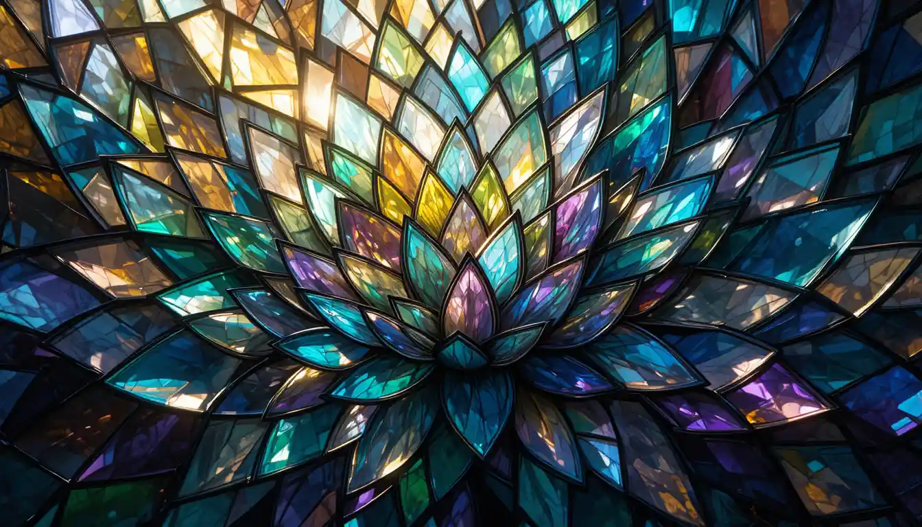 Vibrant stained glass mosaic in blooming geometric shards