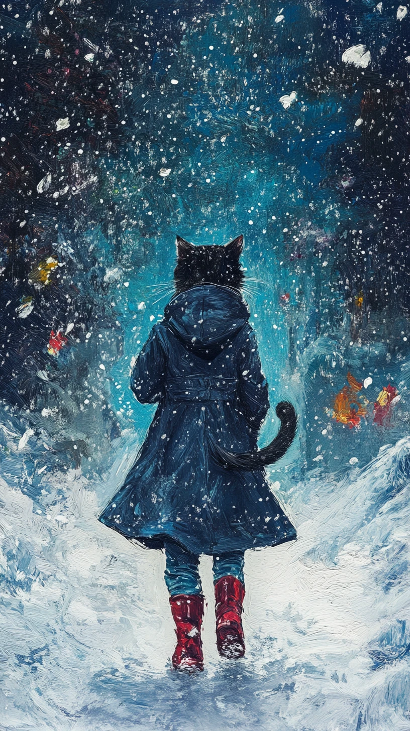 青いレインコートを着た猫の女性が大雪の中を歩く
