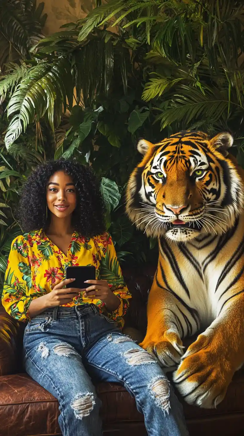 Woman filming selfie with tiger in jungle style living room