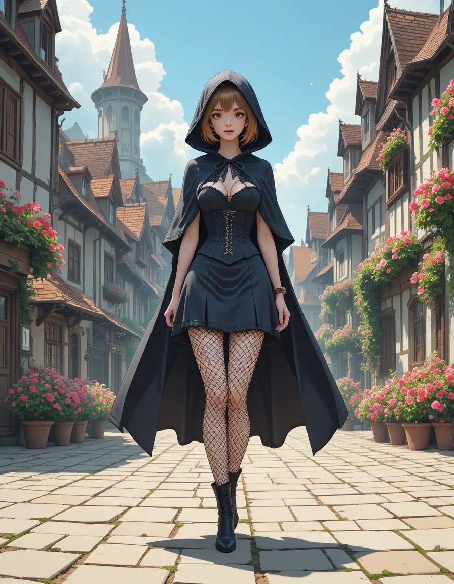 Anime girl in cape walking through medieval village square