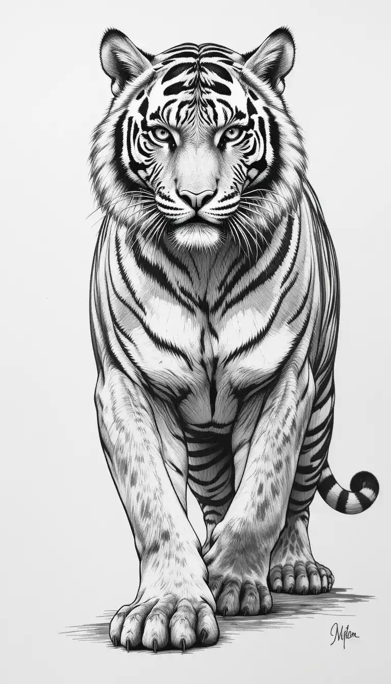 Black and white pencil drawing of a powerful bengal tiger