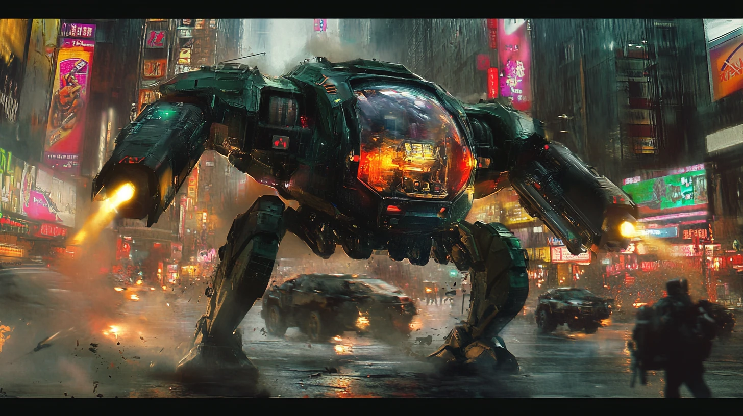 Heavily Armored Mech Stalks Through Burning Alien City