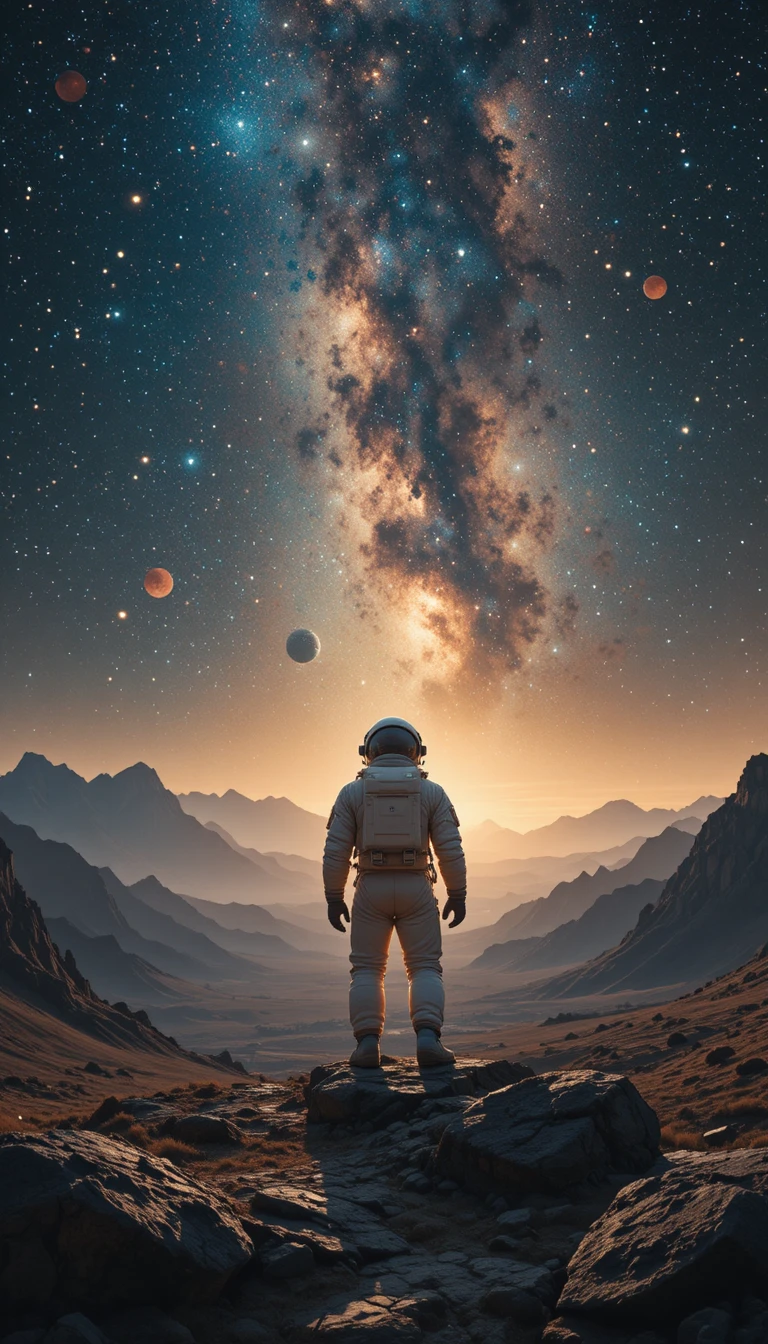 Lonely astronaut drifting in a vast glowing galaxy