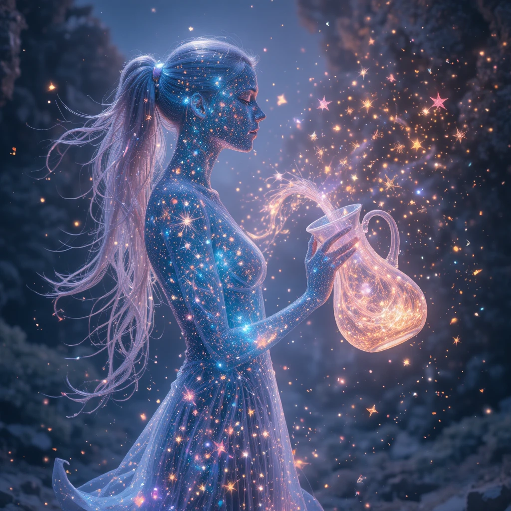 Ethereal woman pouring stardust in glowing cosmic space