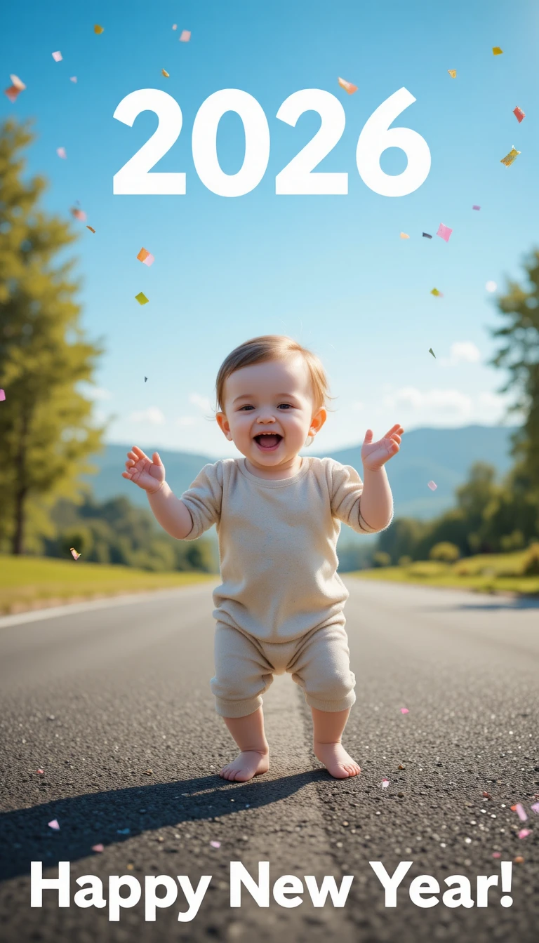 Joyful baby dancing on a sunny open road outdoors