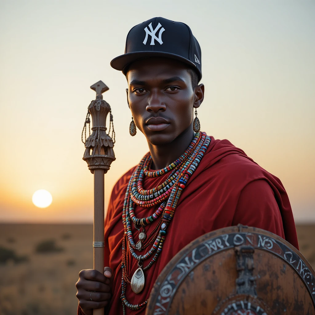 Guerrier massaï en shuka rouge dans la savane africaine