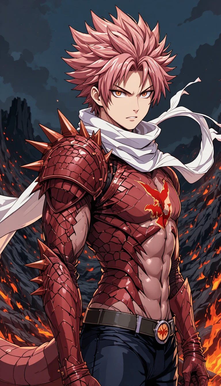 Anime hero with dragon arm in volcanic wasteland