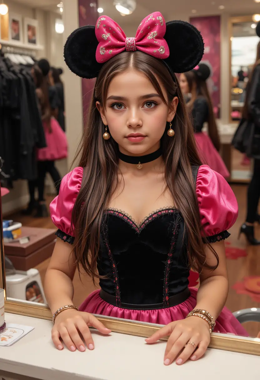 Annoyed tween in Minnie dress at boutique vanity mirror