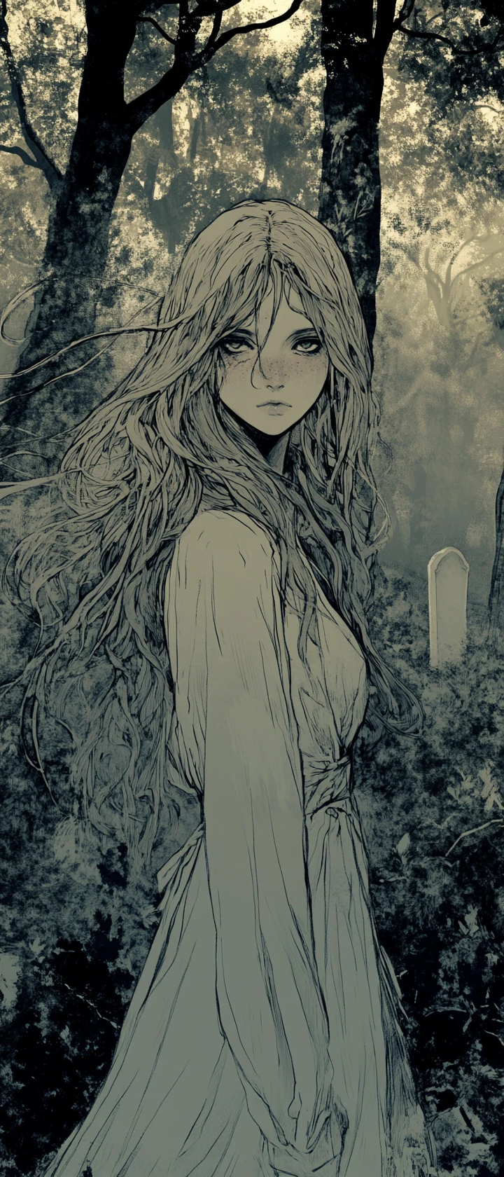 迷霧森林空地中的孤獨動畫少女與墓碑
