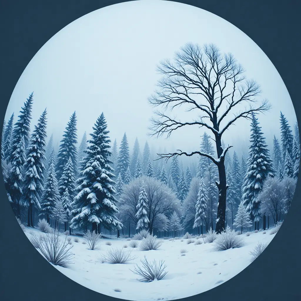 Snow covered winter forest framed by circular vignette