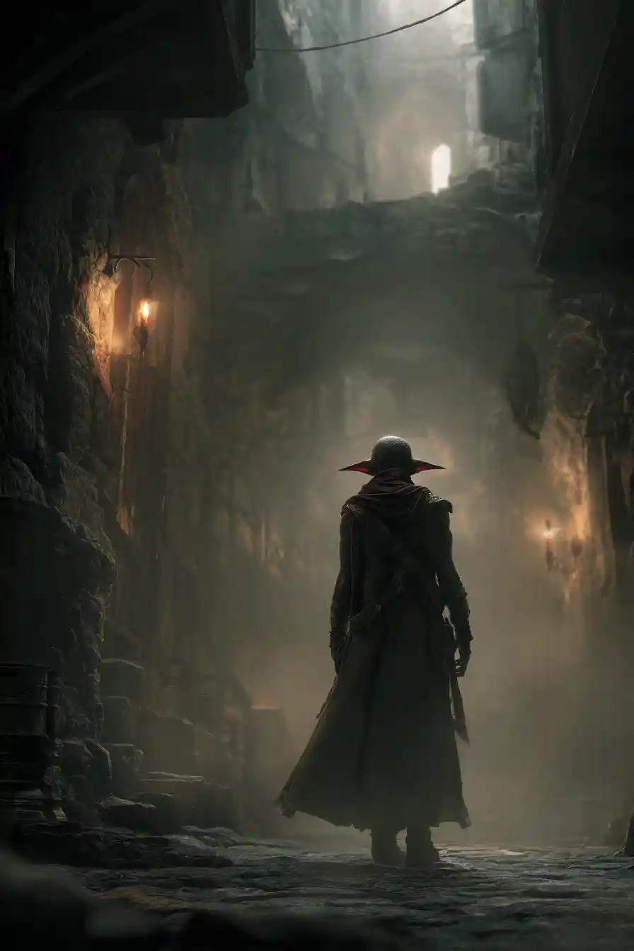 Elf rogue lurking in a dark fantasy alleyway