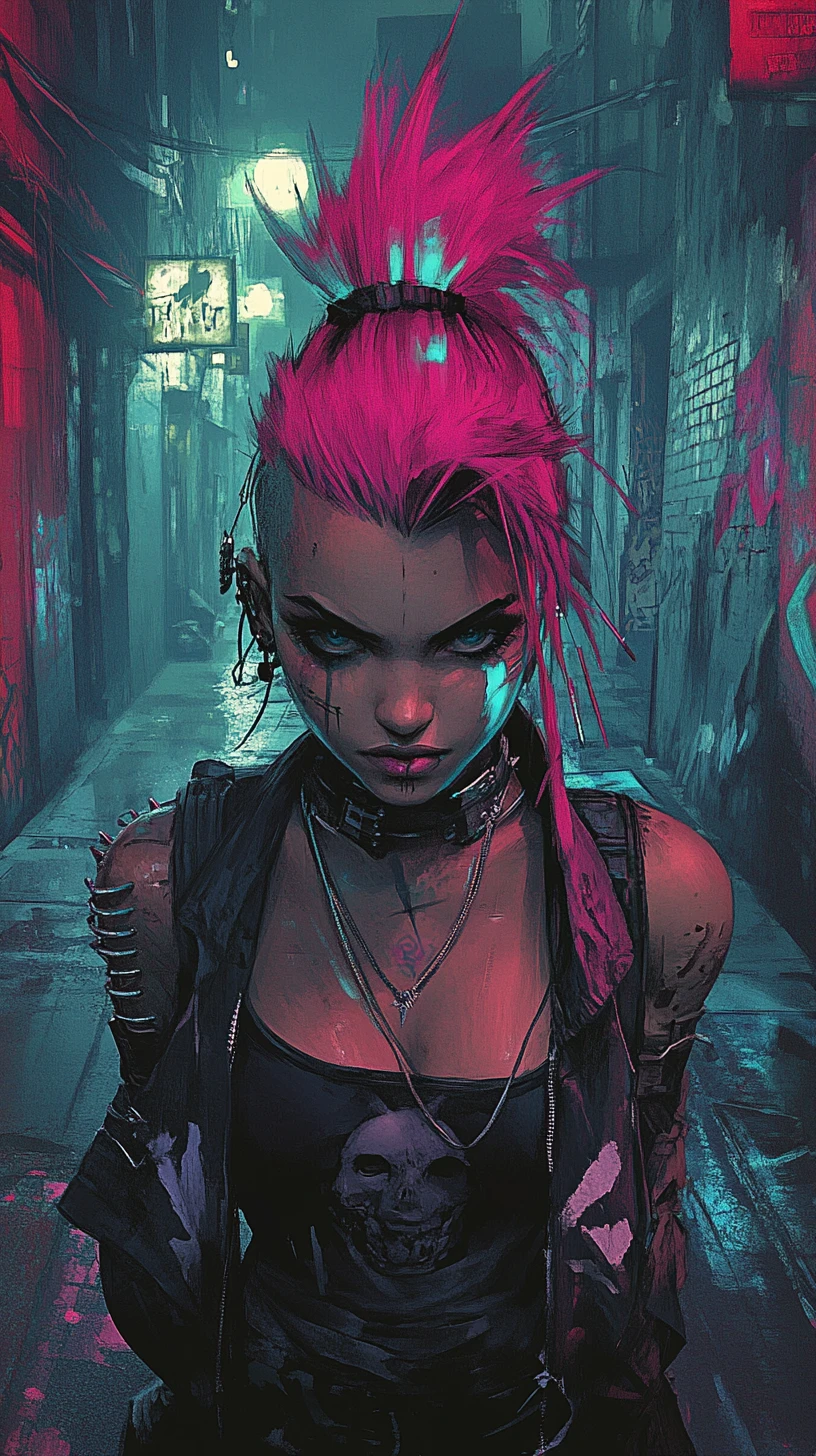 Cyberpunk-Frau posiert in von Neon beleuchteter Graffiti-Gasse