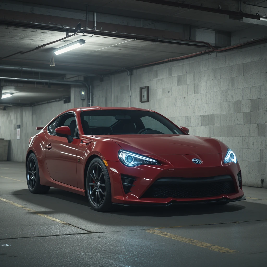 Red sports car parked in a dim basement garage