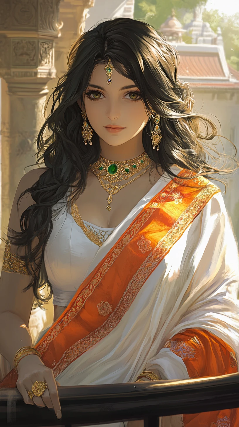 Elegante donna anime in sari bianco su un balcone illuminato dal sole